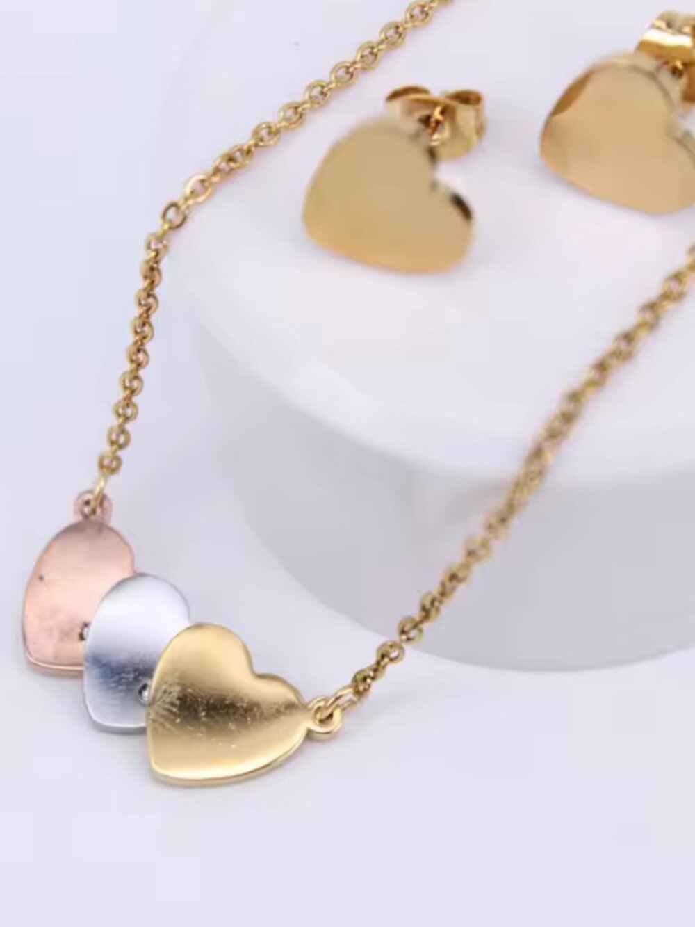 Stainless Steel Three Tones Heart Necklaces Earrings Set